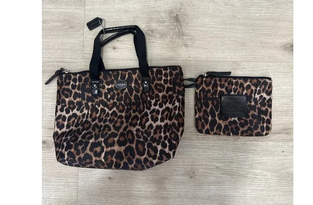 Coach Tan Ocelot Print Nylon Mini Packable Shoulder Bag & Pouch Vintage F33312
